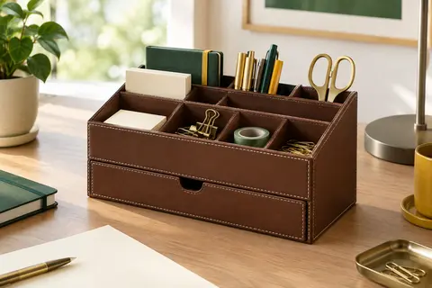 Organiseur de bureau marron en simili cuir avec sept compartiments et tiroir inférieur