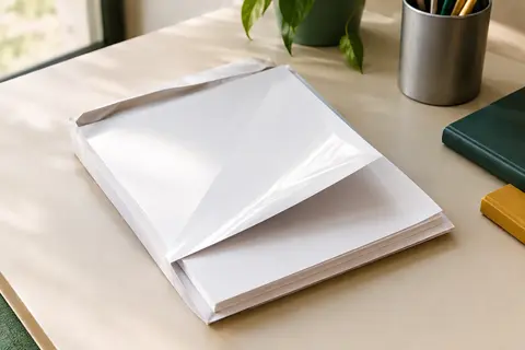 Feuilles de papier photo blanc A4 brillant recto verso posées sur un bureau lumineux et rangé.