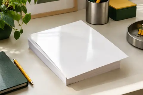 Feuilles blanches de papier photo brillant A4 posées sur un bureau contemporain lumineux.