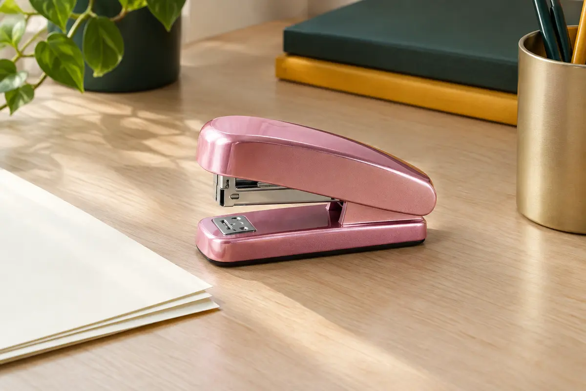 Agrafeuse de bureau Leitz en métal rose posée sur un bureau rangé avec du papier ivoire.