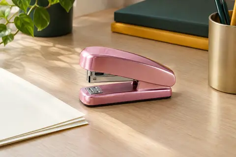 Agrafeuse de bureau Leitz en métal rose posée sur un bureau rangé avec du papier ivoire.