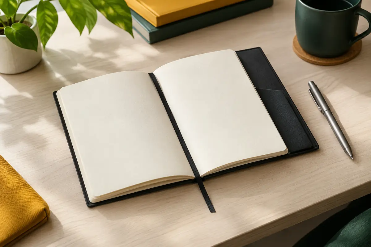 Carnet A5 noir à couverture souple ouvert sur un bureau clair, avec pages ivoire et stylo en métal mat.
