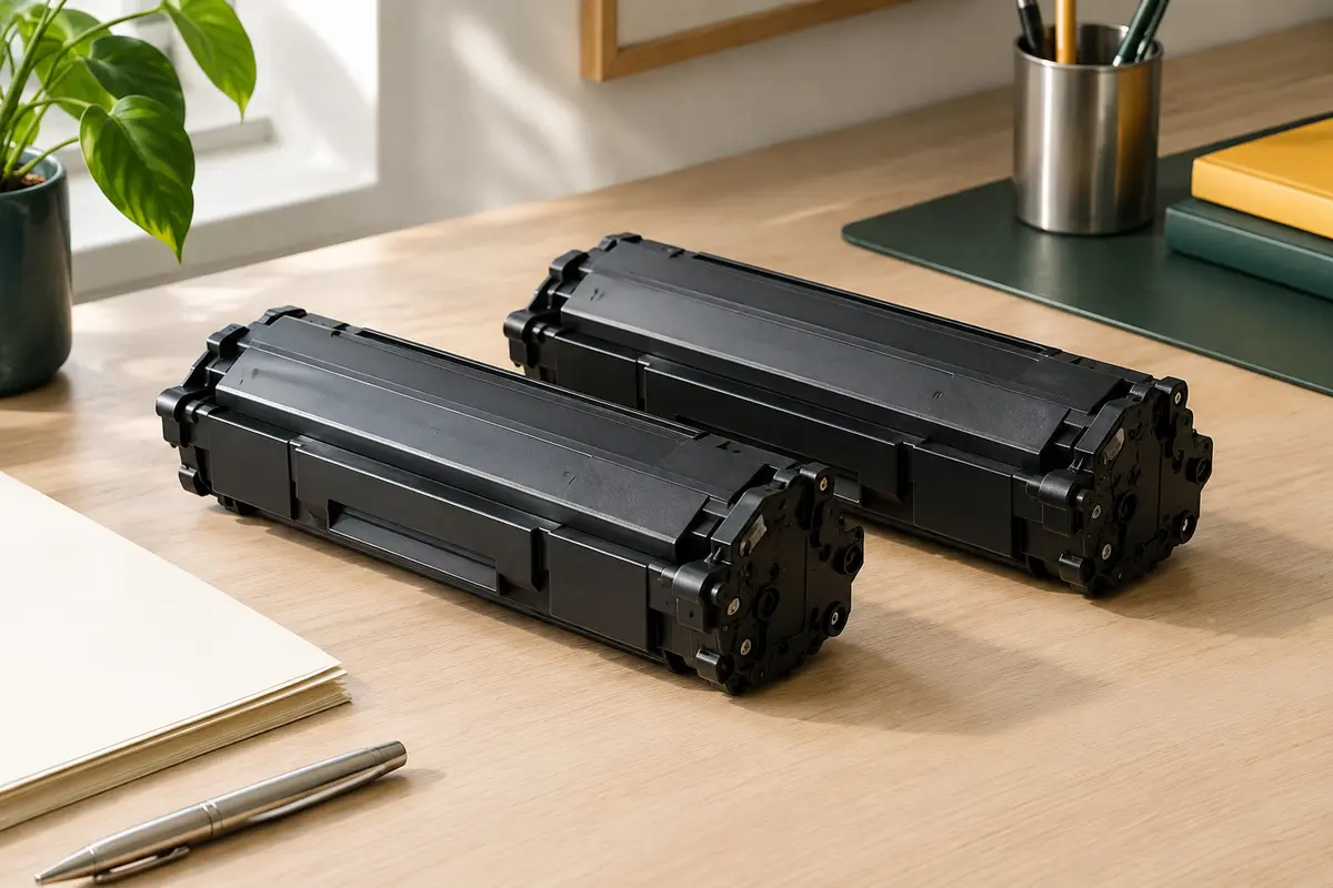 Deux cartouches de toner compatibles noires posées sur un bureau avec du papier ivoire