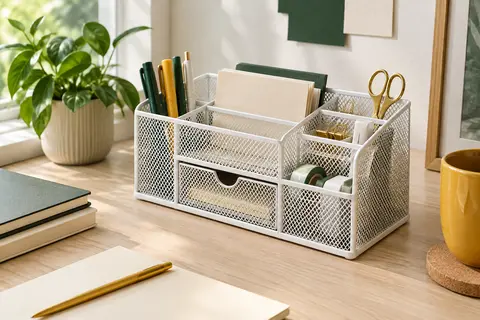 Organiseur de bureau blanc en maille métallique avec compartiments et tiroir, posé sur un bureau rangé.