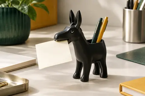 Porte-mémo Morris en forme d’âne noir, avec une note dans sa bouche et un emplacement pour stylo.