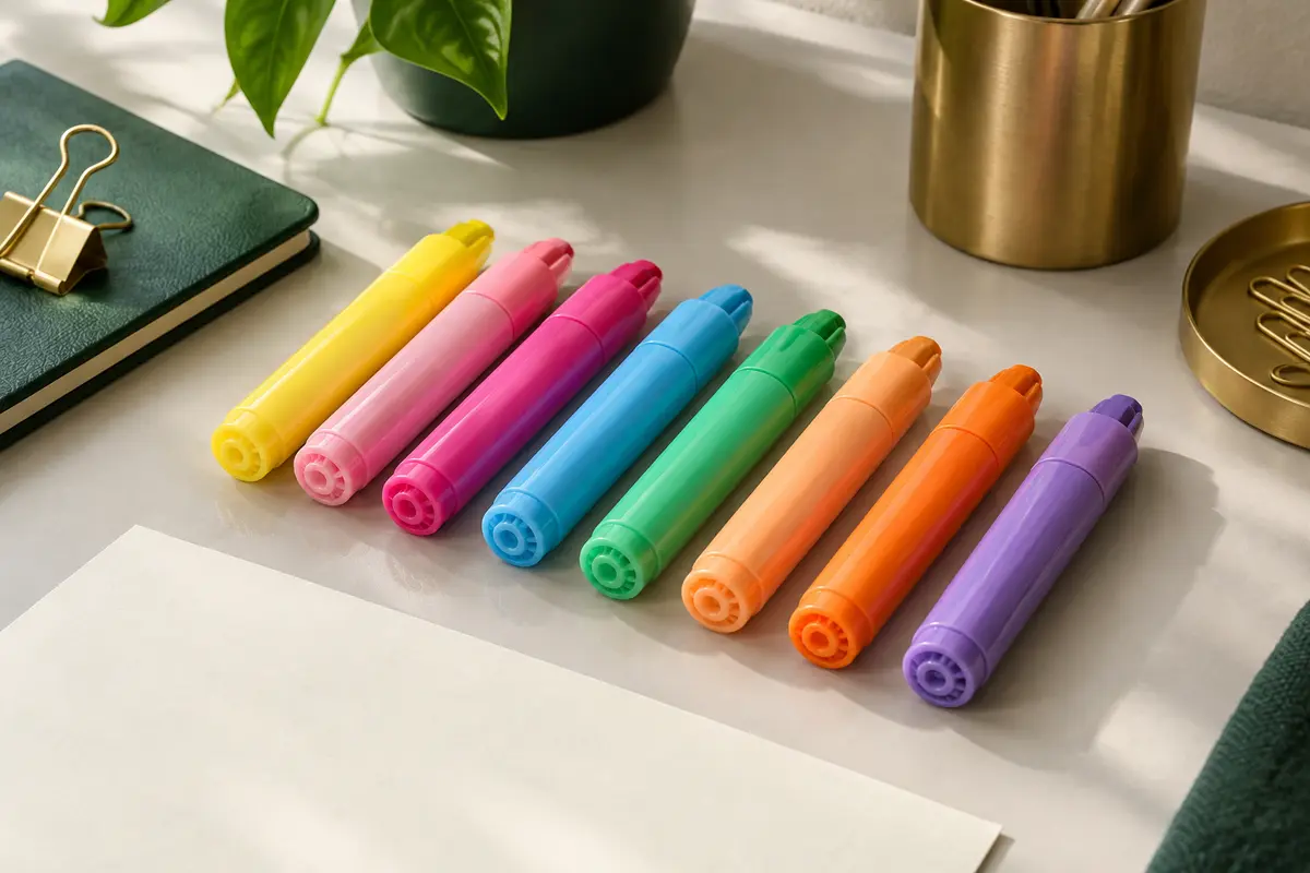 Lot de huit surligneurs en gel sec aux couleurs assorties, disposés sur un bureau avec du papier ivoire.