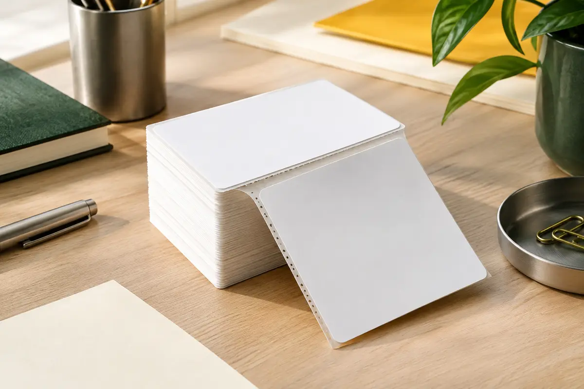 Pile d’étiquettes thermiques blanches MUNBYN au format 100 x 150 mm sur un bureau rangé