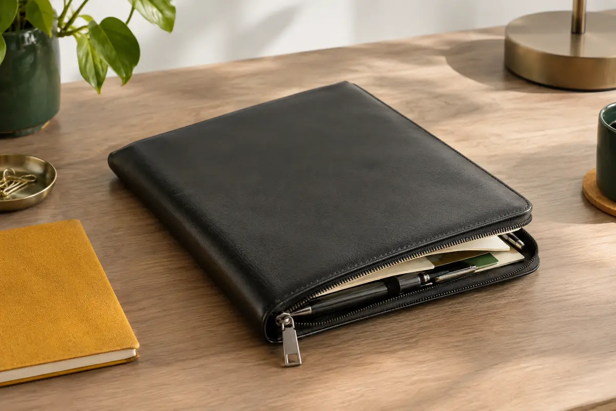 Porte-documents A4 noir zippé en simili cuir posé sur un bureau rangé avec des feuilles et un stylo.