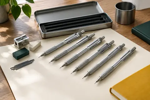 Coffret argenté de porte-mines métalliques avec mines, gommes et taille-crayons sur un bureau