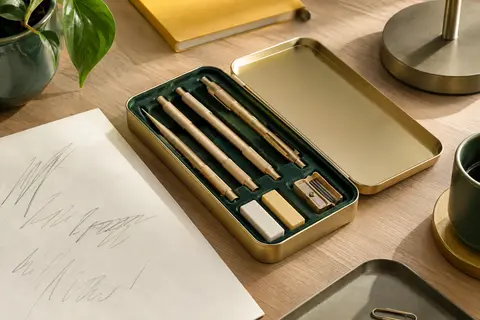 Ensemble de porte-mines dorés avec gommes, mines et taille-mines sur un bureau clair