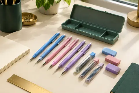 Six porte-mines Nicpro bleu, rose et violet avec mines, gommes et boîte de rangement sur un bureau.