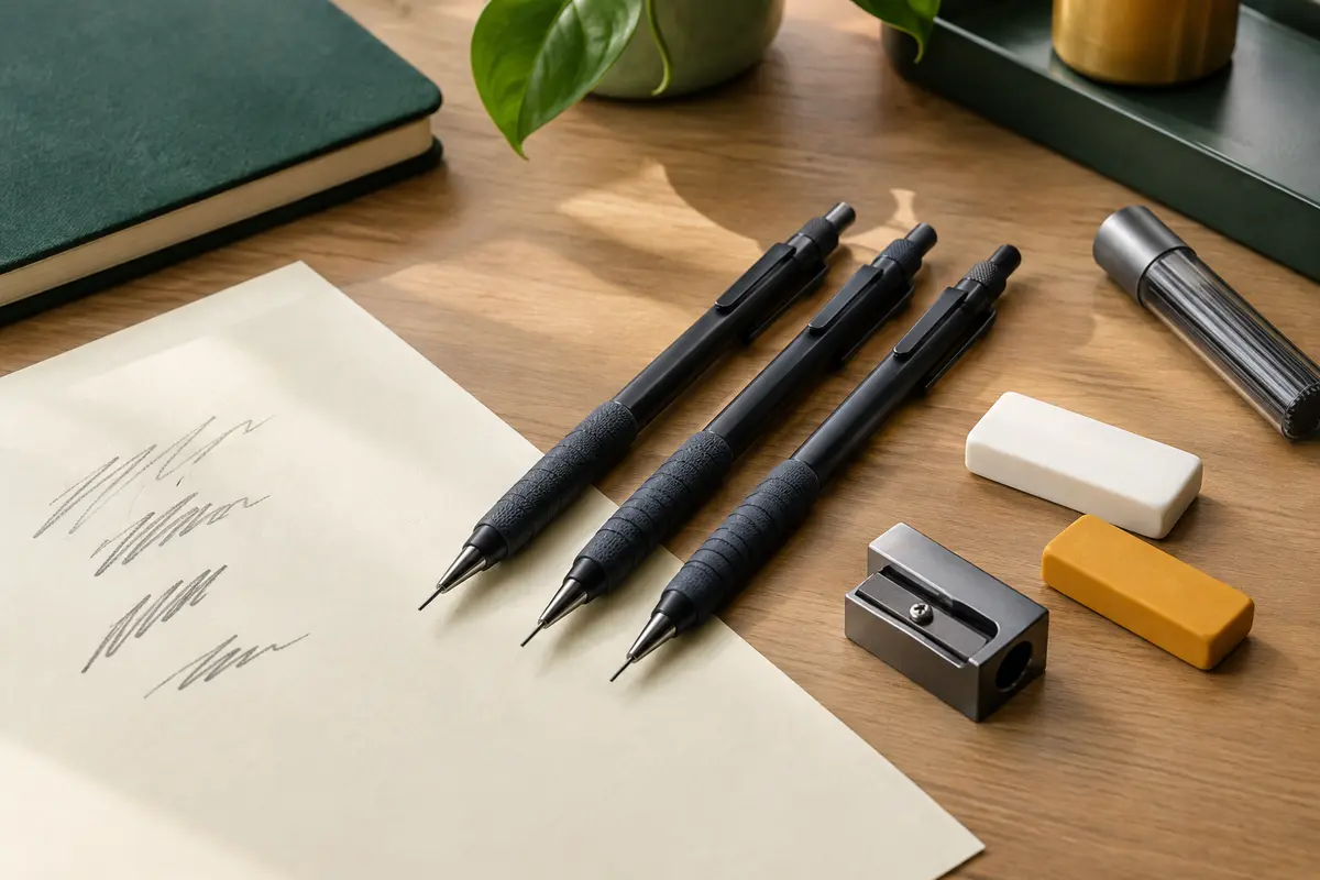 Trois porte-mines Nicpro noirs de 2 mm avec gommes, recharges et taille-crayon sur un bureau clair
