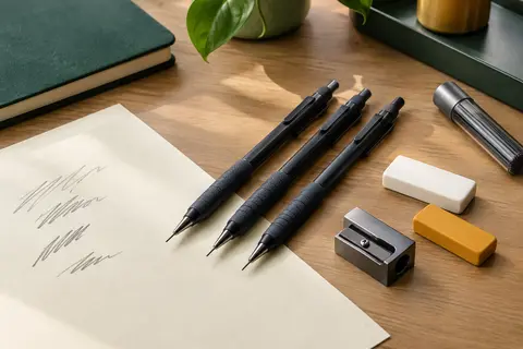 Trois porte-mines Nicpro noirs de 2 mm avec gommes, recharges et taille-crayon sur un bureau clair