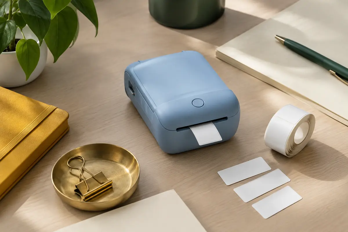 Étiqueteuse portable NIIMBOT B1 bleue posée sur un bureau rangé près d’étiquettes vierges et d’accessoires.