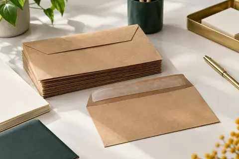 Enveloppes kraft brunes C6 sans fenêtre, empilées sur un bureau clair avec leur rabat visible