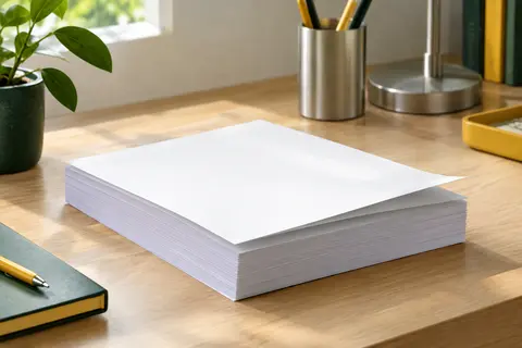 Pile de feuilles A4 blanches mates posée sur un bureau rangé avec des accessoires discrets