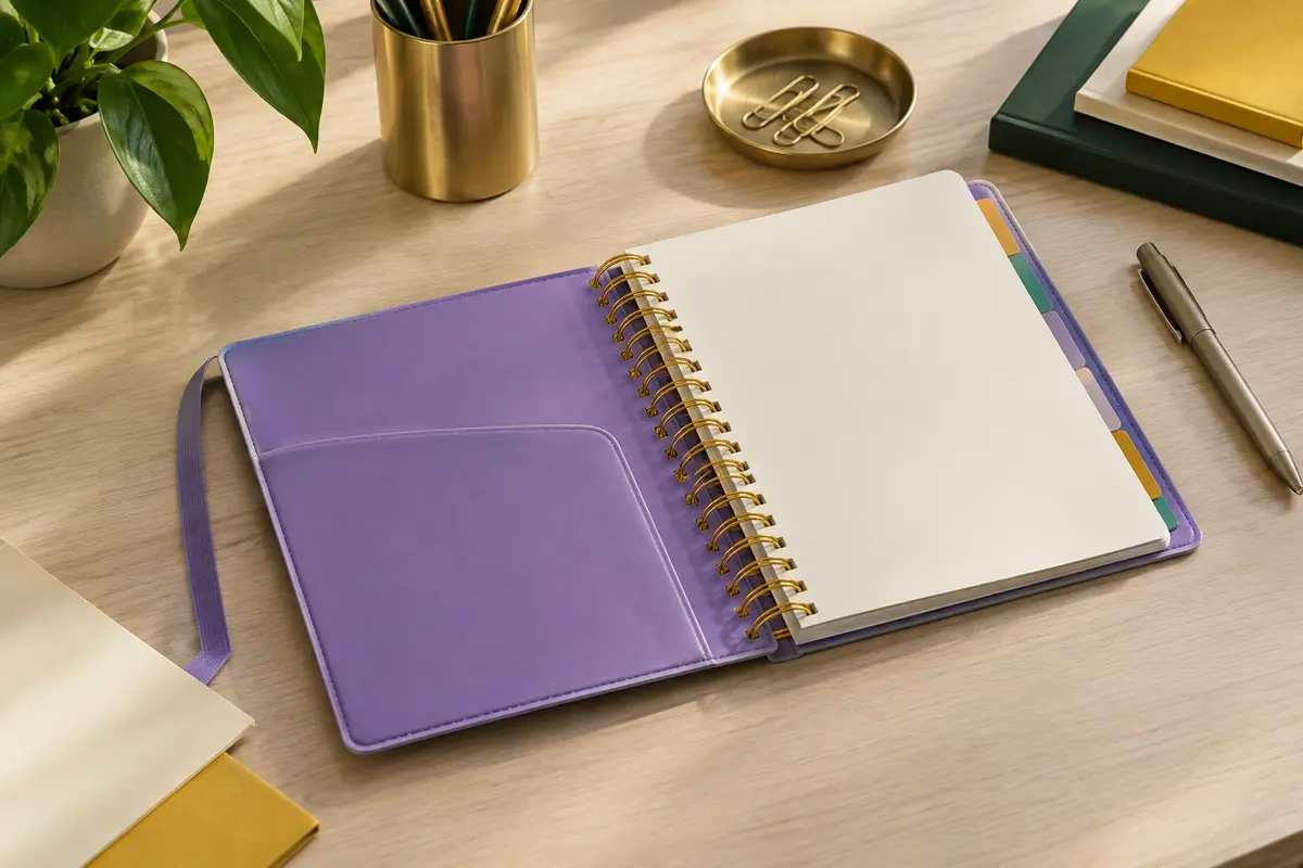 Carnet A5 violet à spirale dorée avec intercalaires colorés, posé ouvert sur un bureau rangé.