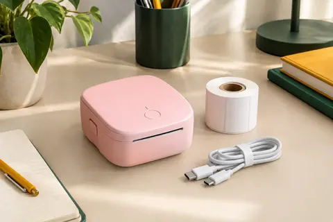 Imprimante thermique portable rose posée sur un bureau avec un rouleau d’étiquettes et un câble Type-C