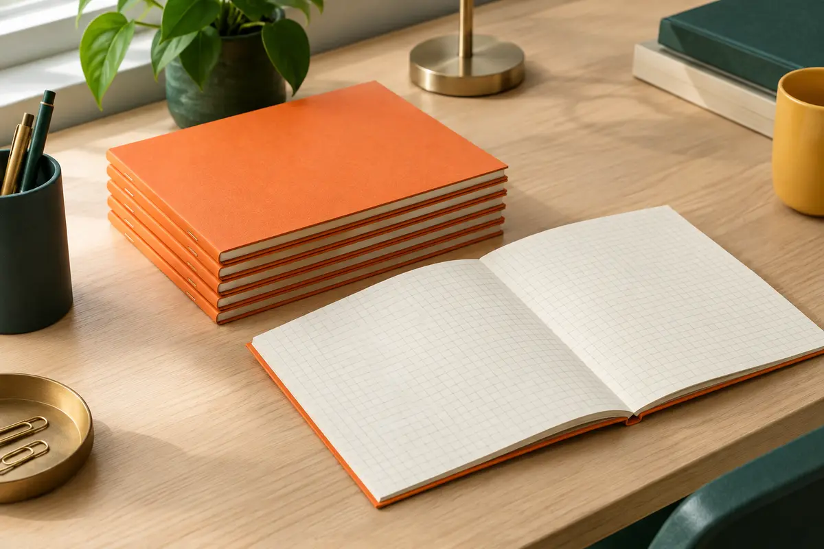 Lot de cinq blocs-notes A5 orange à petits carreaux, avec feuilles détachables et dos rigide, posé sur un bureau rangé.