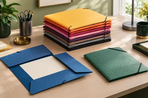 Lot de chemises cartonnées A4 colorées avec rabats et élastiques, posé sur un bureau rangé.