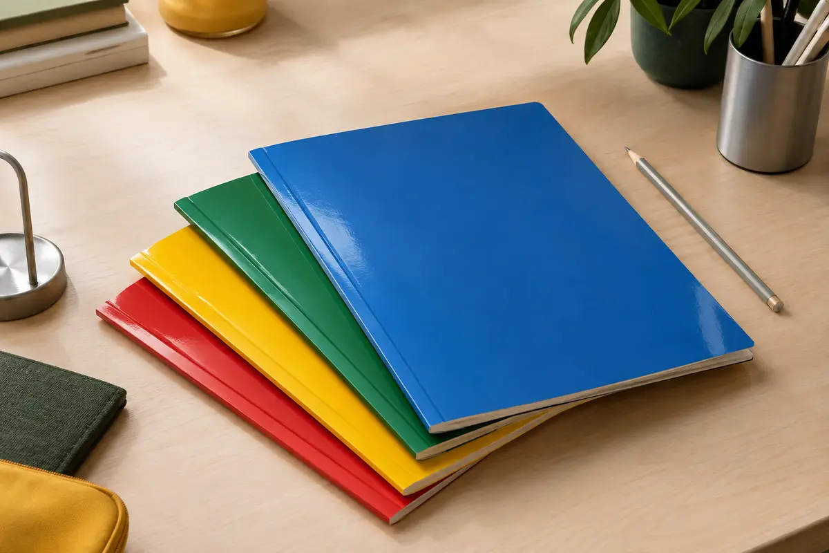 Quatre cahiers scolaires grand format aux couvertures brillantes assorties, disposés sur un bureau lumineux.