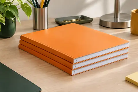 Trois blocs-notes orange A4+ à petits carreaux empilés sur un bureau clair et organisé.