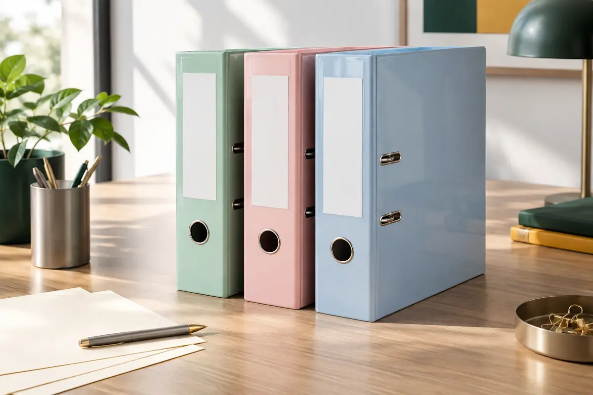 Trois classeurs à levier A4 pastel assortis rangés sur un bureau lumineux avec des feuilles ivoire.