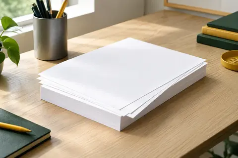 Ramette de papier blanc A4 posée sur un bureau rangé, avec quelques feuilles décalées