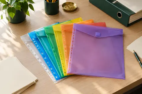 Lot de six pochettes perforées A4 translucides et colorées avec fermeture Velcro, posé sur un bureau rangé.