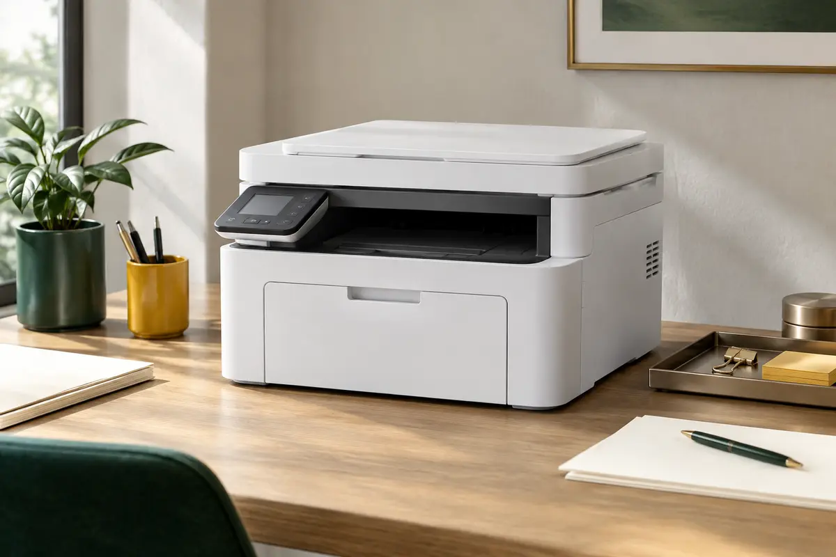 Imprimante laser multifonction blanche sur un bureau rangé avec papier ivoire et accessoires de bureau