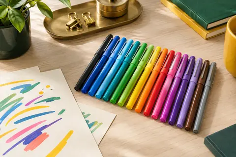 Lot de 16 feutres Paper Mate Flair aux couleurs assorties posé sur un bureau avec du papier ivoire.