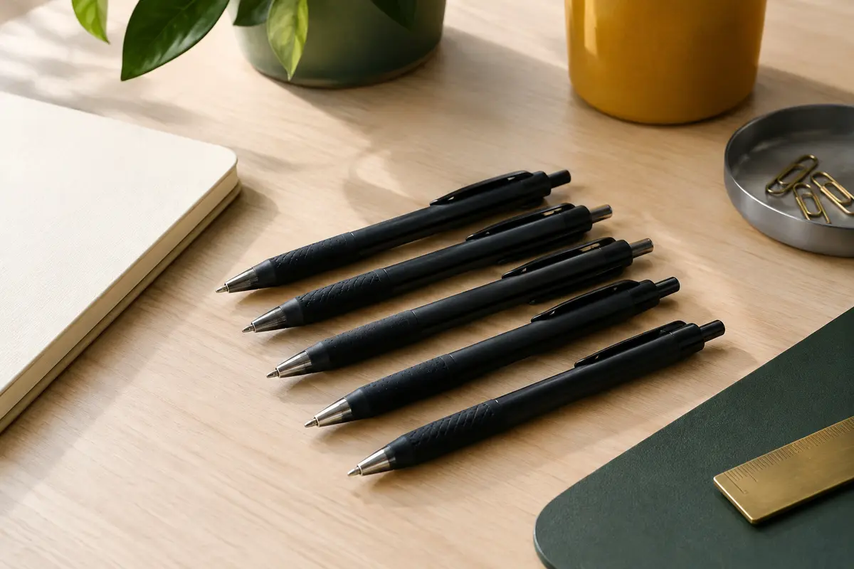 Stylos bille rétractables noirs à prise texturée disposés sur un bureau avec carnet ivoire et accessoires métalliques
