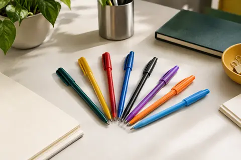 Stylos bille en plastique aux couleurs assorties disposés sur un bureau avec du papier ivoire