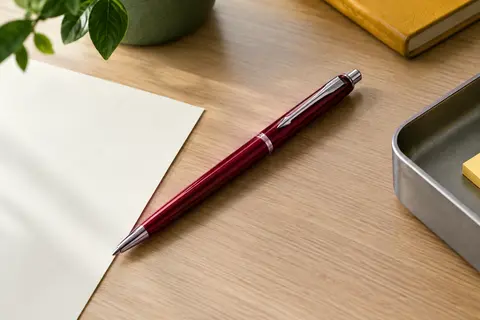 Stylo bille Parker Jotter rouge à clip flèche posé sur un bureau clair avec une feuille ivoire