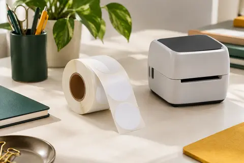Rouleau d’étiquettes thermiques blanches et rondes posé sur un bureau rangé, près d’une imprimante compacte.