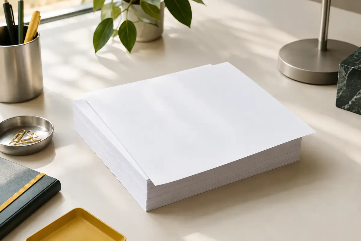 Feuilles blanches de papier thermique A4 disposées en pile sur un bureau rangé.