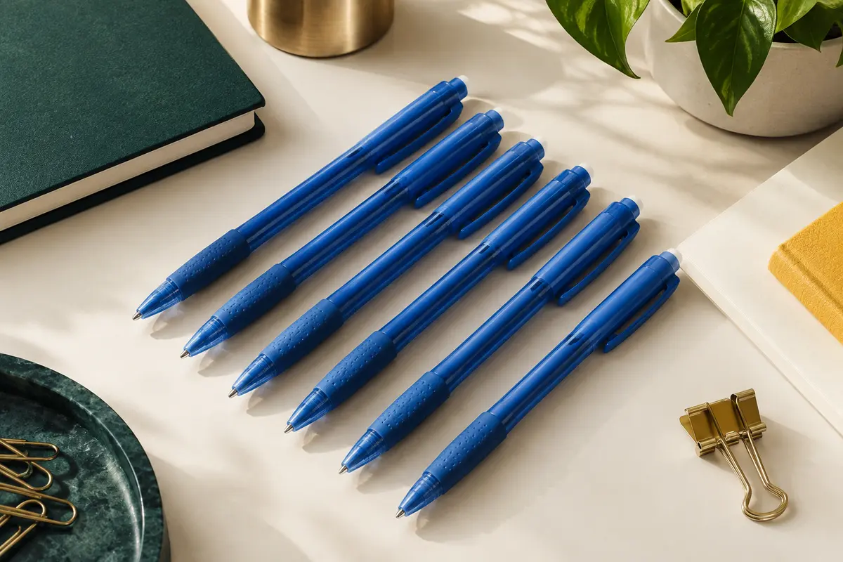 Cinq stylos roller bleus effaçables avec grip en caoutchouc, posés sur un bureau au papier ivoire.