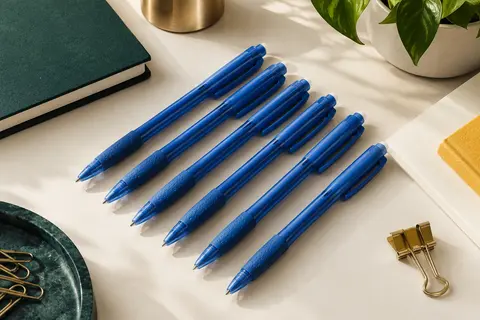 Cinq stylos roller bleus effaçables avec grip en caoutchouc, posés sur un bureau au papier ivoire.