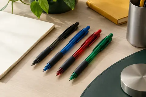 Quatre stylos Pilot G-2 à encre gel noire, bleue, rouge et verte posés sur un bureau clair