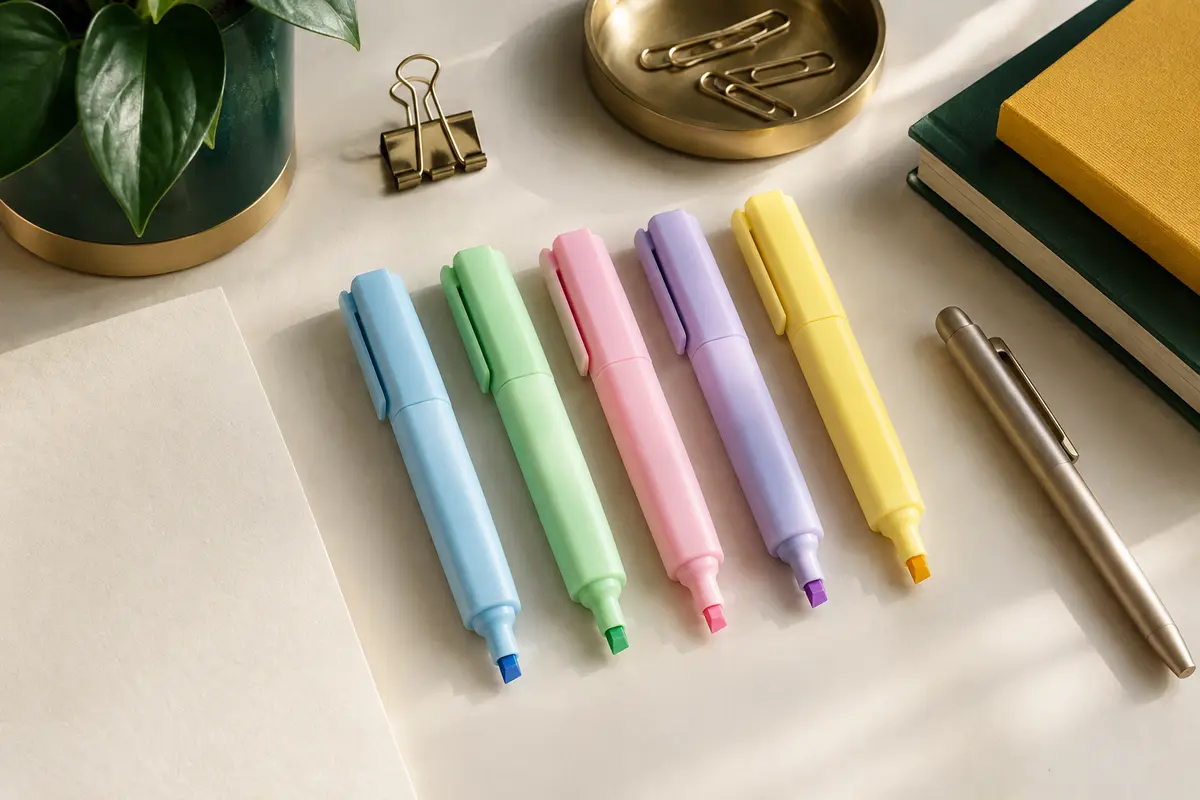 Cinq surligneurs effaçables pastel à pointe biseautée posés sur un bureau avec une feuille ivoire.