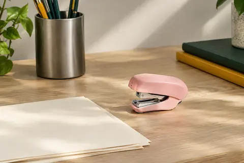 Agrafeuse sans agrafes rose posée sur un bureau clair près de feuilles ivoire.
