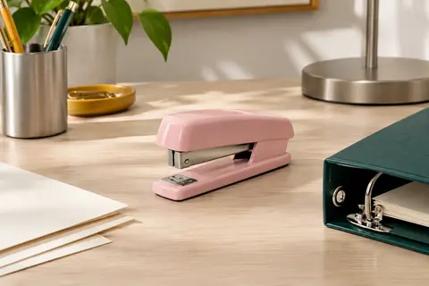 Agrafeuse sans agrafes rose en métal et plastique posée sur un bureau avec papier ivoire et classeur.