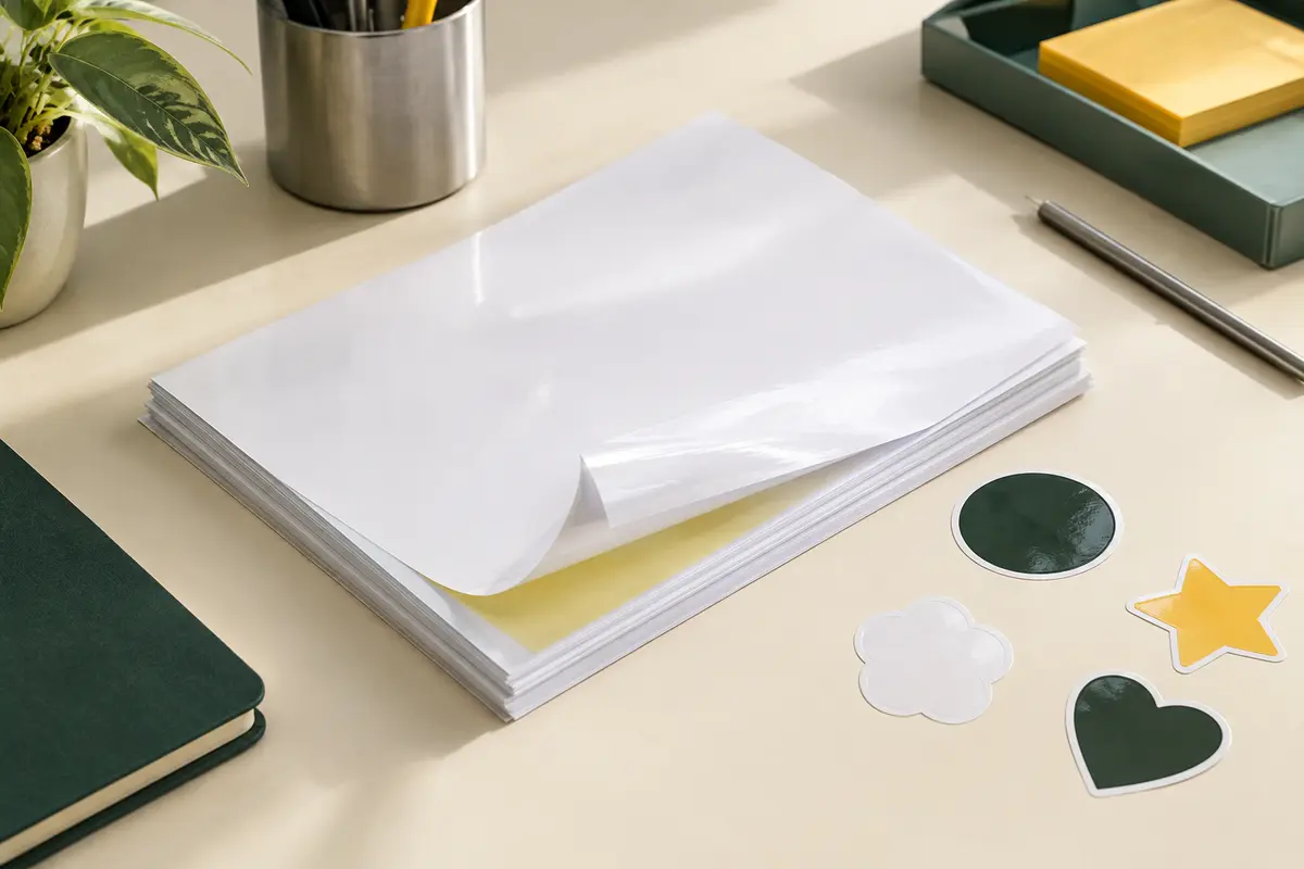 Feuilles blanches brillantes en film adhésif PPD, avec des stickers découpés sur un bureau clair.
