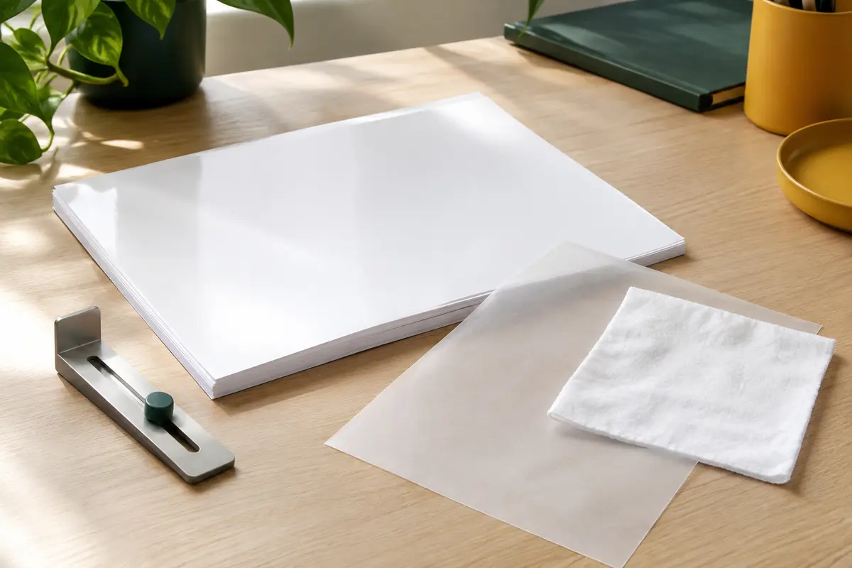 Feuilles A4 de papier transfert blanc près d’un tissu clair et du papier silicone de protection