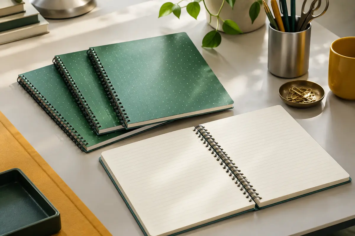 Lot de trois carnets à spirale vert métallisé, avec pages lignées et perforées, sur un bureau rangé.