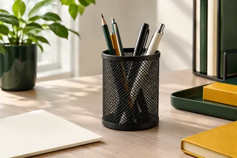 Pot à crayons rond en maille noire posé sur un bureau clair avec quelques stylos et une feuille ivoire.