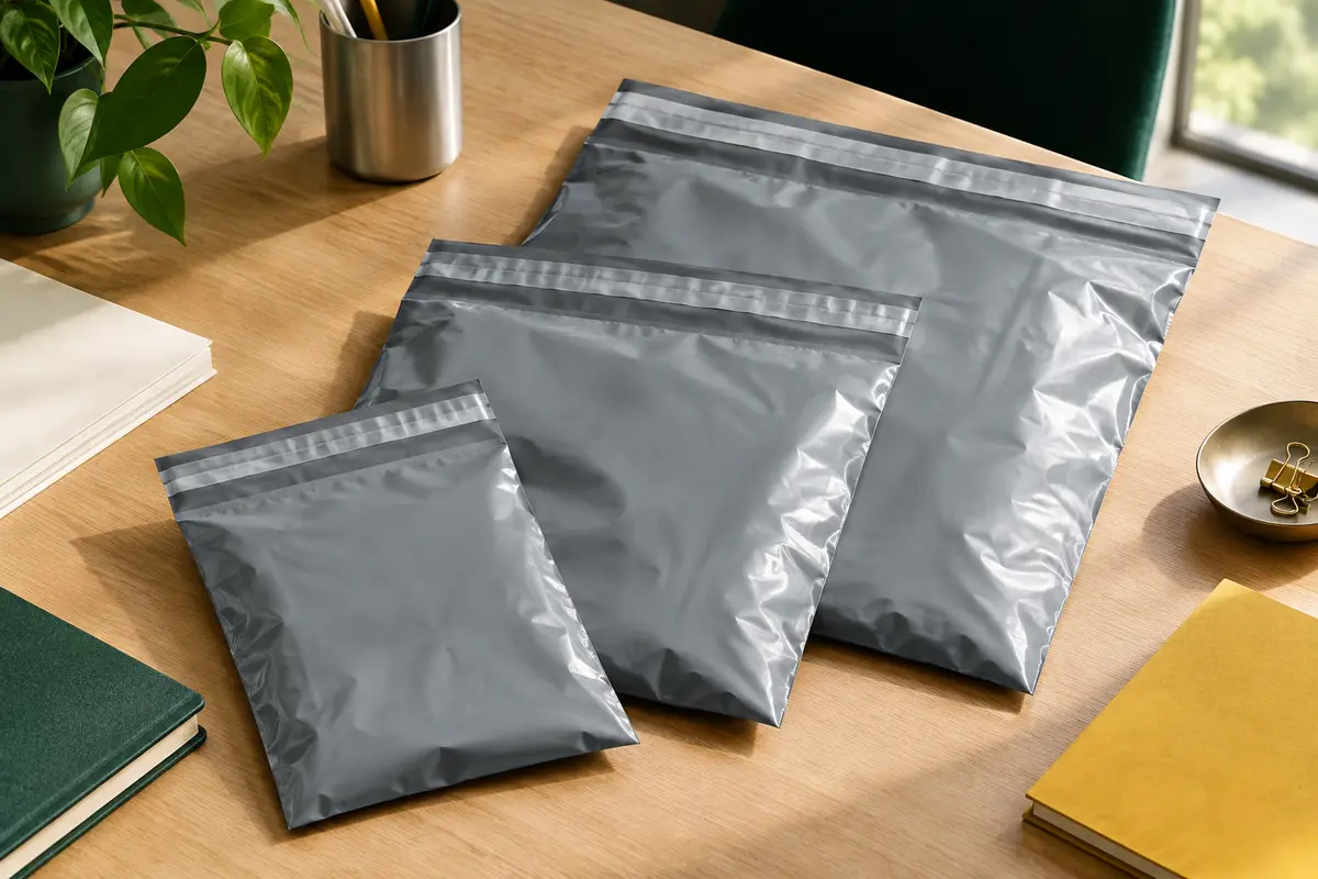 Trois pochettes d’expédition grises et opaques de tailles différentes posées sur un bureau clair