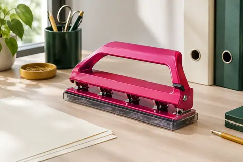 Perforatrice Rapesco en métal fuchsia posée sur un bureau avec du papier ivoire et un classeur