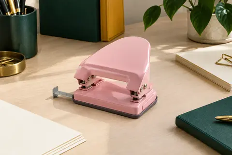 Perforatrice manuelle métallique rose à deux trous posée sur un bureau clair près de feuilles ivoire.