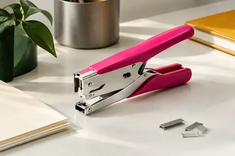 Pince-agrafeuse en métal chromé et fuchsia posée sur un bureau clair près de feuilles ivoire.